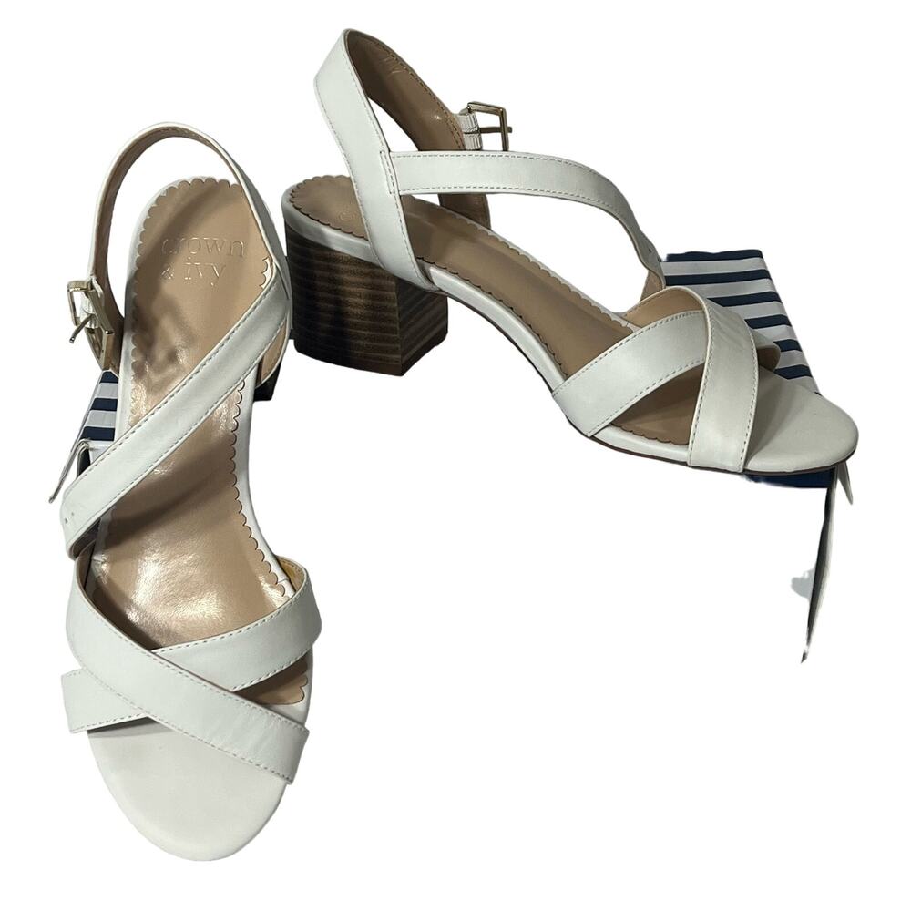Crown & Ivy Ella White Leather Criss Cross Open Toe Block Heel Sandals 8